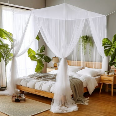 Celectigo Mesh Bed Canopy Mosquito Net – Full, Queen & King Size | Four-Post Bed Curtain with 4 Openings | Elegant White Drapes for Bedroom Decor & Insect Protection
