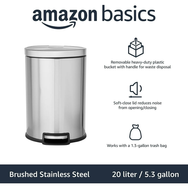 Round Cylindrical Trash Can With Soft-Close Foot Pedal, 20 Liter/5.3 Gallon,  Brushed Stainless Steel 