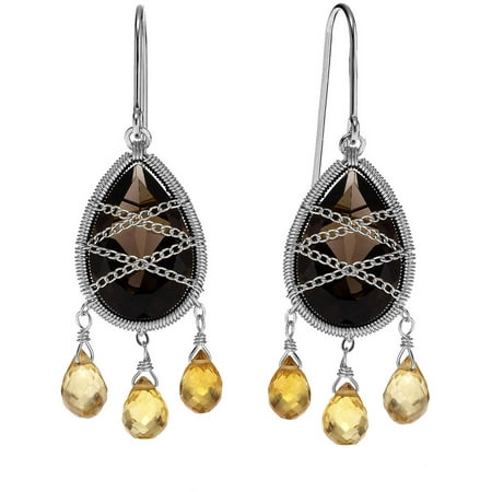 5th & Main Sterling Silver Hand-Wrapped Teardrop Chandelier Smokey Quartz and Citrine Stone Earrings