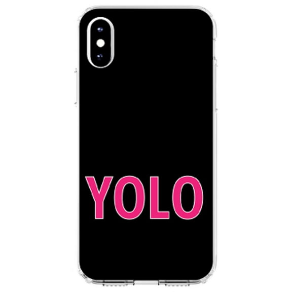 DistinctInk Clear Shockproof Hybrid Case for iPhone XR (6.1" Screen) - TPU Bumper, Acrylic Back, Tempered Glass Screen Protector - Black Pink YOLO