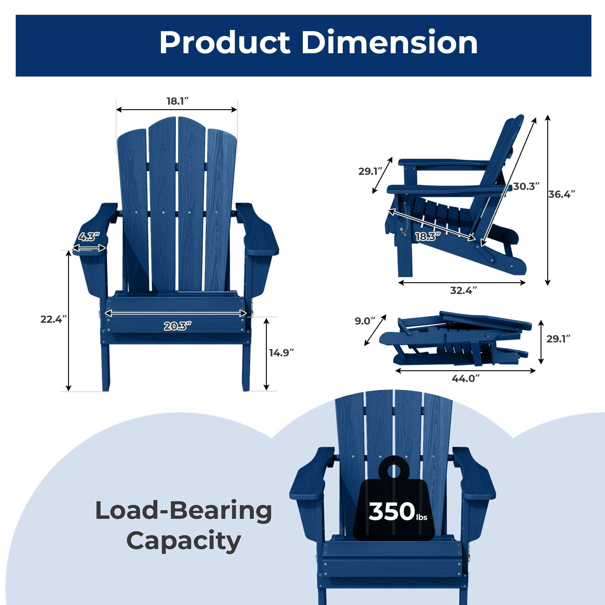 FUNDAZE HDPE Adirondack Chair, Foldable Weather-resistant Outdoor Chair for Patio, Poolside, Garden, Yard, Navy Blue