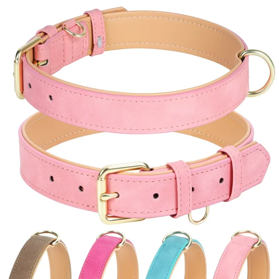 Jumpress Leather Dog Collar for Small Dogs, Heavy Duty Soft Padded Small Dogs Collar (Pink, S)