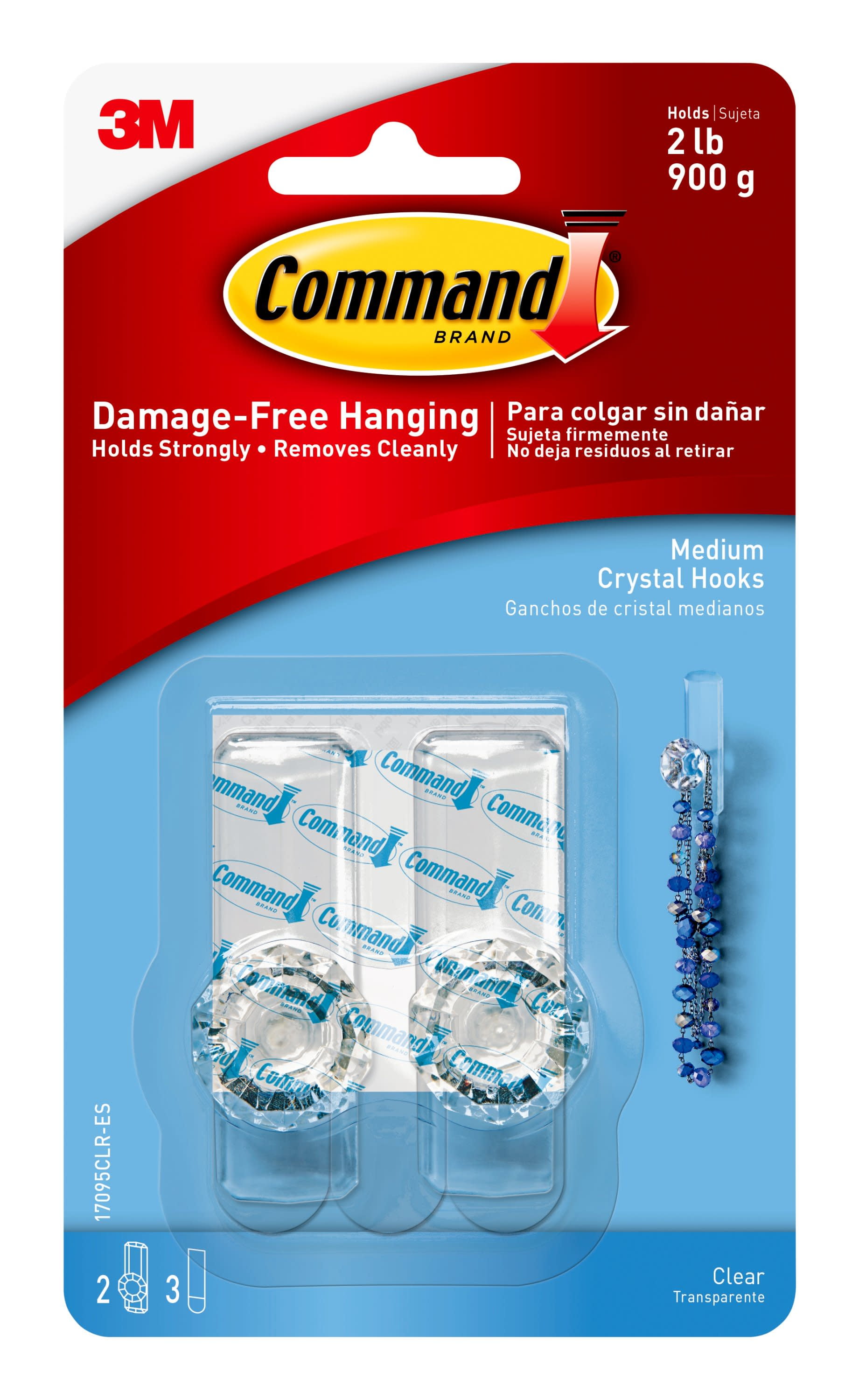 Command Clear Medium Crystal Hooks, Damage Free Hanging of Christmas Décor, 2 Wall Hooks