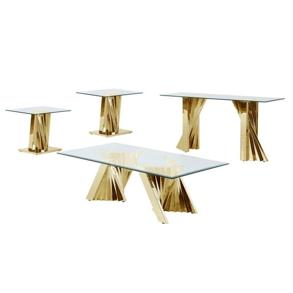 Geometric Clear Glass Coffee   2 End   Console Set with Gold Stainless Steel