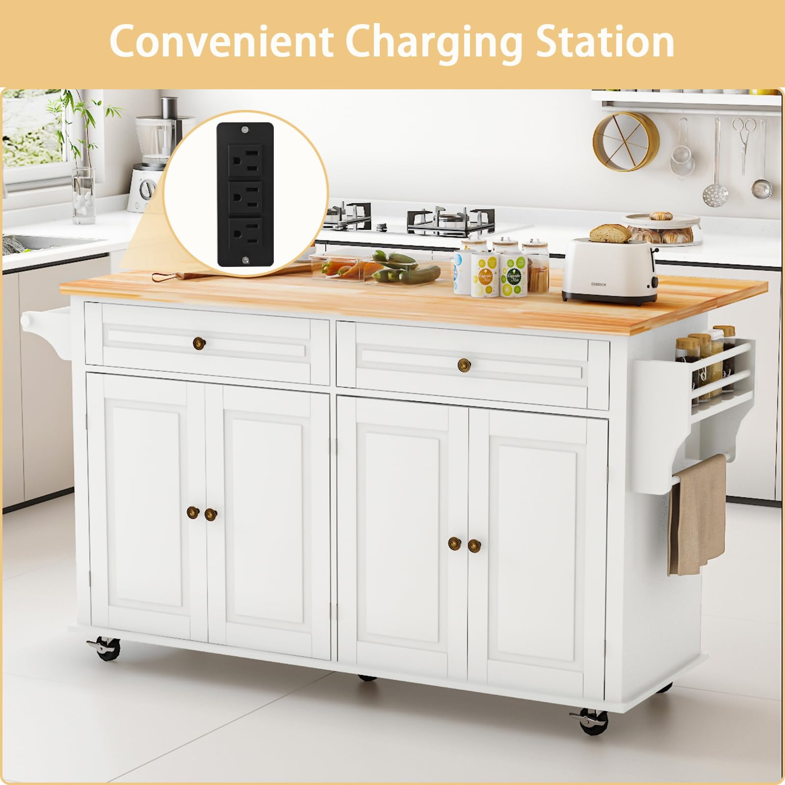 JassmiPkwy 67’’ Movable Kitchen Island with Drop Leaf Countertop, with Storage, 2 Drawers, Towel Rack, White