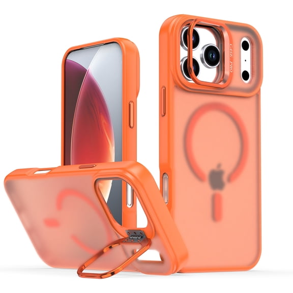 Allytechgroup Slim Case for iPhone 17 Pro Max with Camera Kickstand, [Compatible with Magsafe] Hard PC Protective Rugged Non-Slip Anti-Fingerprint Shockproof Magnetic Case for Women Men, Orange