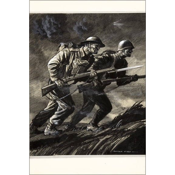 24"x36" Gallery Poster, INF3 338B Unity of Strength A British soldier and a Russian soldier charging with rifles Artist Rowland Hilder