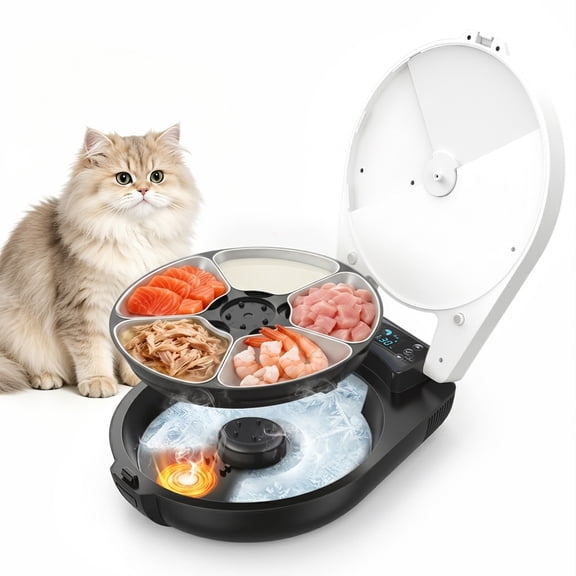 RESPURR Smart Automatic Refrigerated Wet Food Cat Feeder, 5 Meals for Up to 3 Days, Semiconductor Cooling & Pre-Heating, 304 Stainless Steel Trays