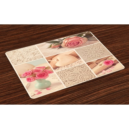Lace Washable - Shabby Chic Placemats Set of 4 Collage Photos Lace Roses Flower Leaves Old Art Print, Washable Fabric Place Mats for Dining Room Kitchen Table Decor,Pale Pink Forest Green and White, by Ambesonne