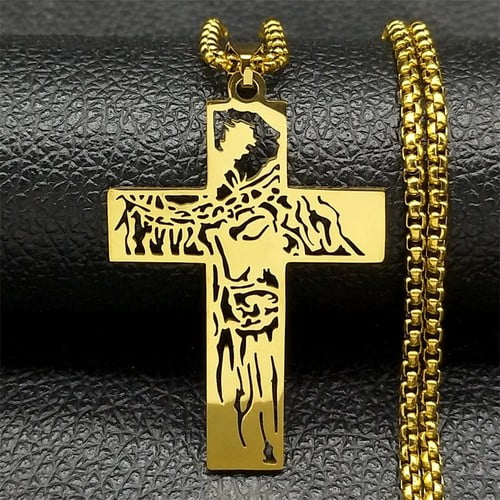 Hip Hop Crown Of Thorns Jesus Cross Necklace for Men Women 14K Yellow Gold Christian Male Chain Jewelry