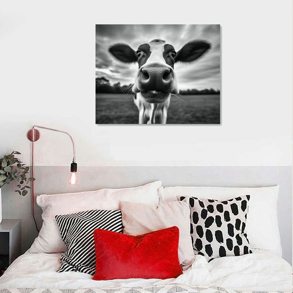 JRXY Canvas Print Wall Art Black and White Freedom Highland Cow Pictures Funny Animal Painting Stretched and Framed Artwork for Home Office Decor 24x36inch 16x12in