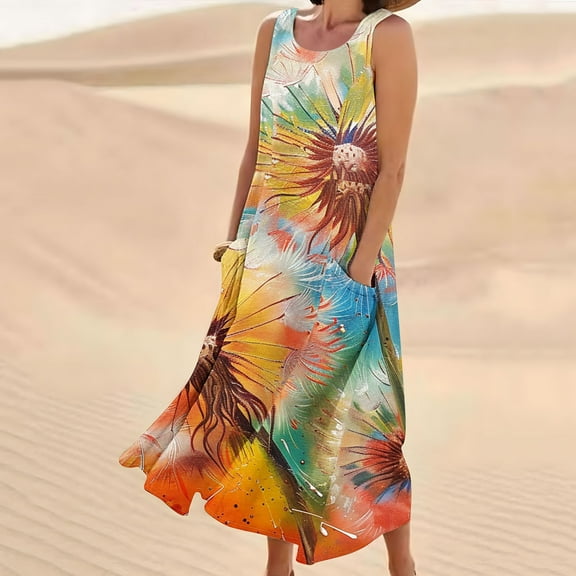 HOMBOM Hawaiian Dresses for Women Long Summer Orange Sundress Summer Sleeveless Crew Neck Floral Vacation Dresses 2XL