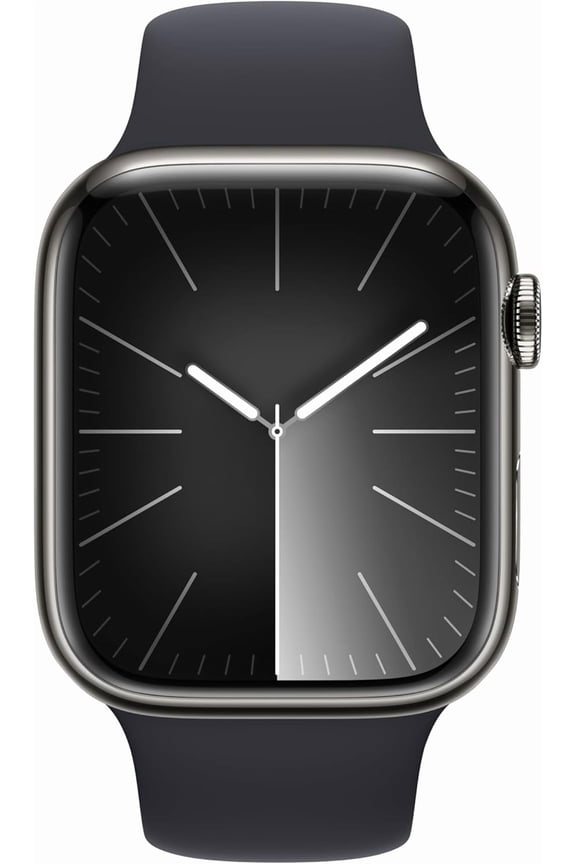 Pre-Owned Apple Watch Series 9 With Blood Oxygen. GPS + Cellular 45mm Graphite Stainless Steel Case with Sport Band - S/M. - Midnight (Fair)