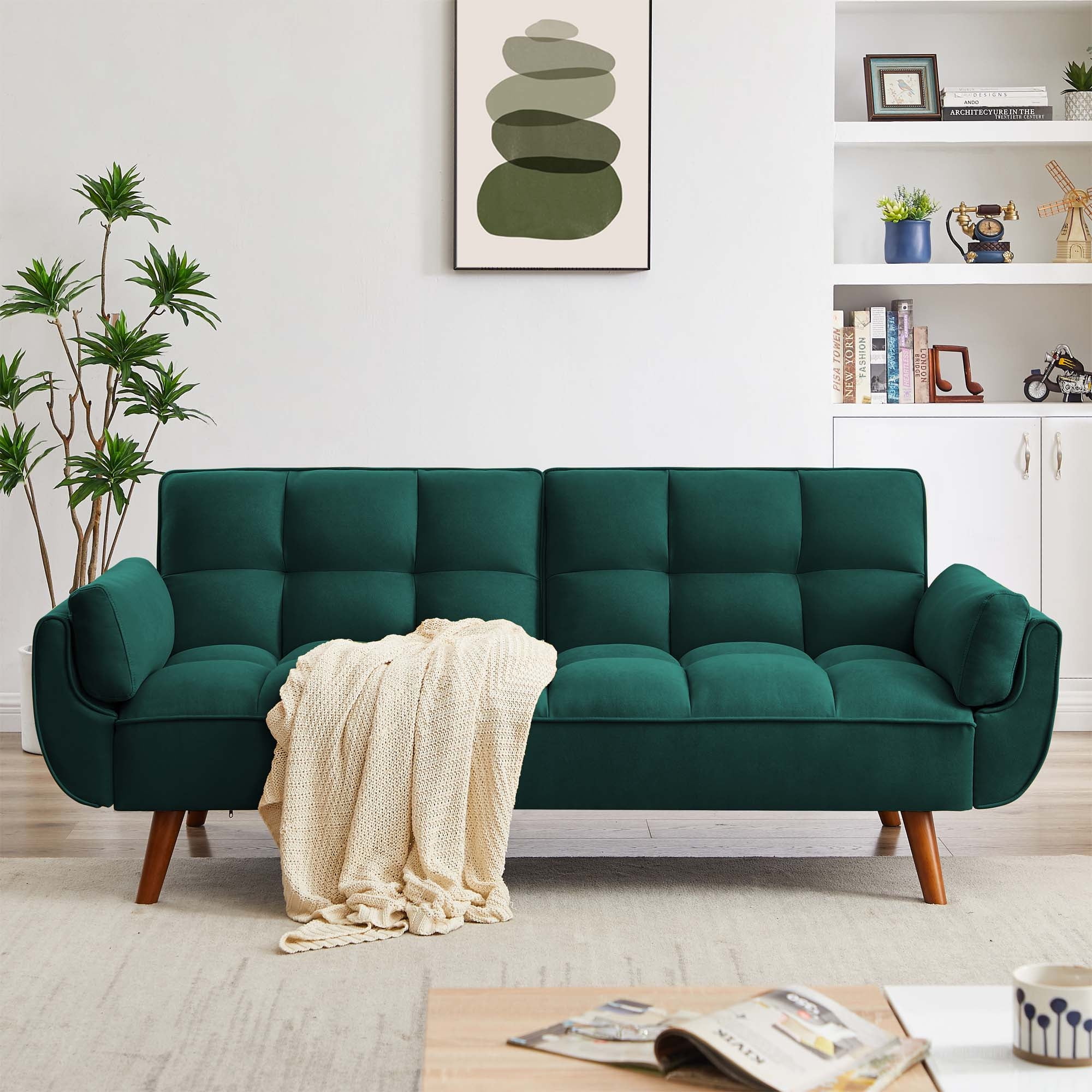 Aukfa Futon Convertible Sofa Bed, Linen Sleeper Couch for Home Office, Green