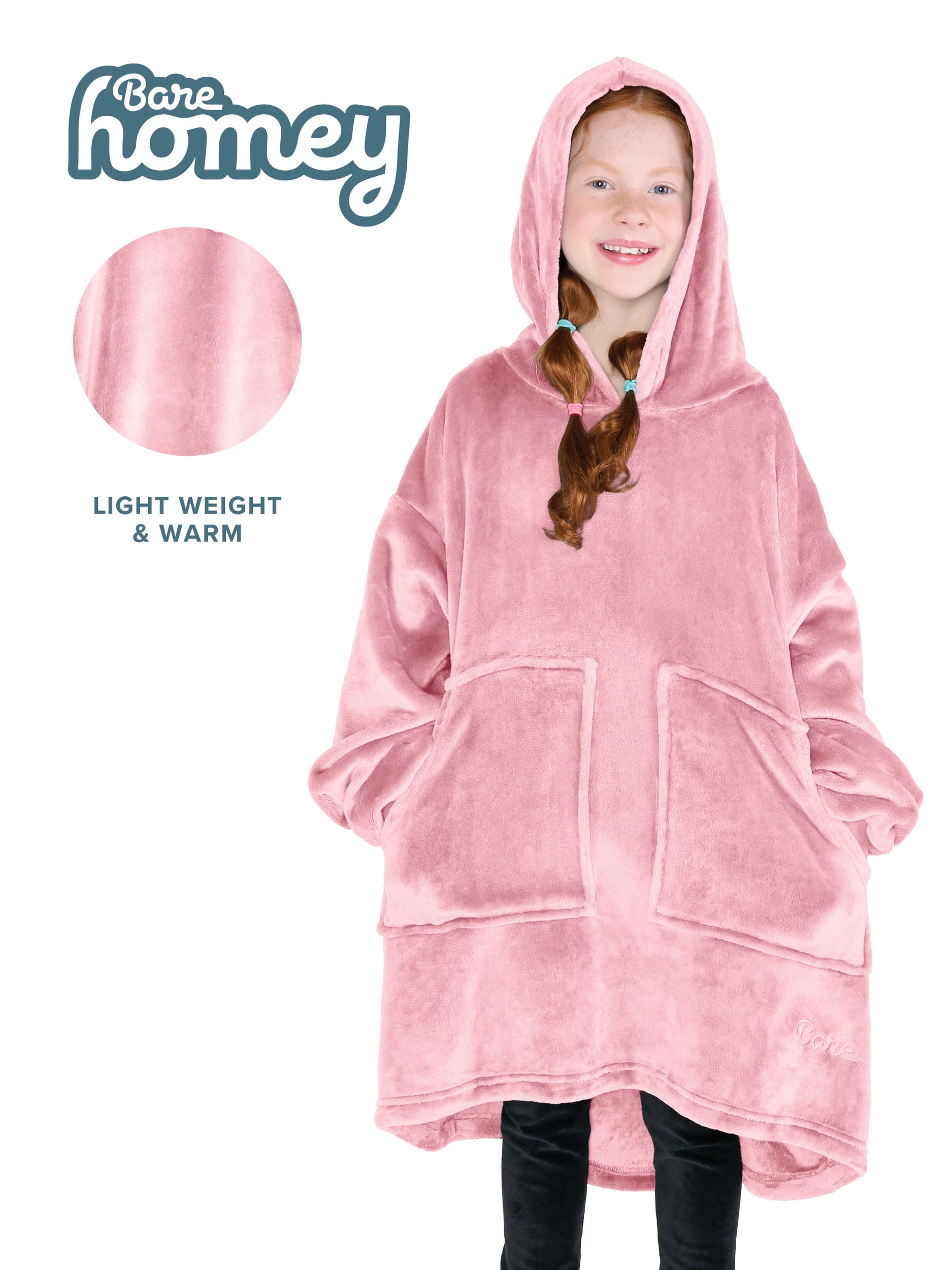 Bare Homey Kids Size Microplush Wearable Blanket, Split Front Pocket, Light Pink