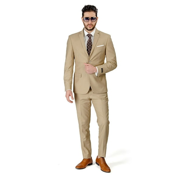 Slim Fit 2 Button Tan Beige Notch Lapel Men's Suit No Vest 34 Short