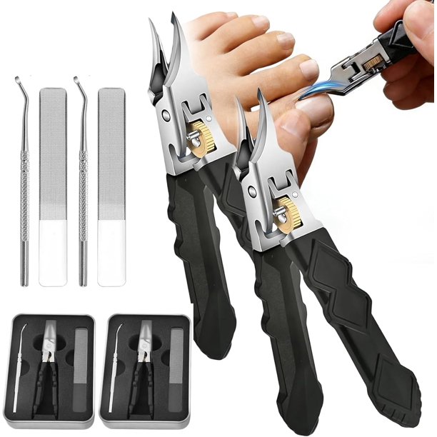 Black Anti-Slip Grip Gear Lock Nail Clipper Set with Ultra-Sharp Curved Tips for Thick Hard & Ingrown Toenails, Ergonomic Angled Clippers
