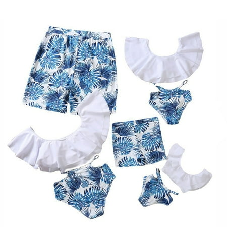 Xmarks Family Matching Swimsuits Mommy and Me Two Pieces Tropical Print Ruffled Bikini Set One Shoulder Bathing Suits/One Pieces Set Swimwear  Dad and Son Casual Swim Trunks