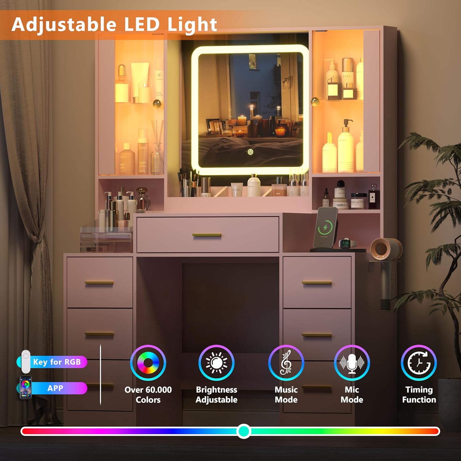 FANRAL Large Vanity Desk with LED Lighted Mirror & RGB Glass Cabinets,Built-in Charging Station & 7 Drawers,Modern Dressing Table for Bedroom Beauty Spaces,Pink Vanity