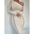 thumbnail image 2 of Vestido midi de manga larga con cuello diagonal de Mozision para mujer, vestido largo sexy ajustado con fruncido en la espalda y malla de dos capas para fiesta en club, 2 of 5