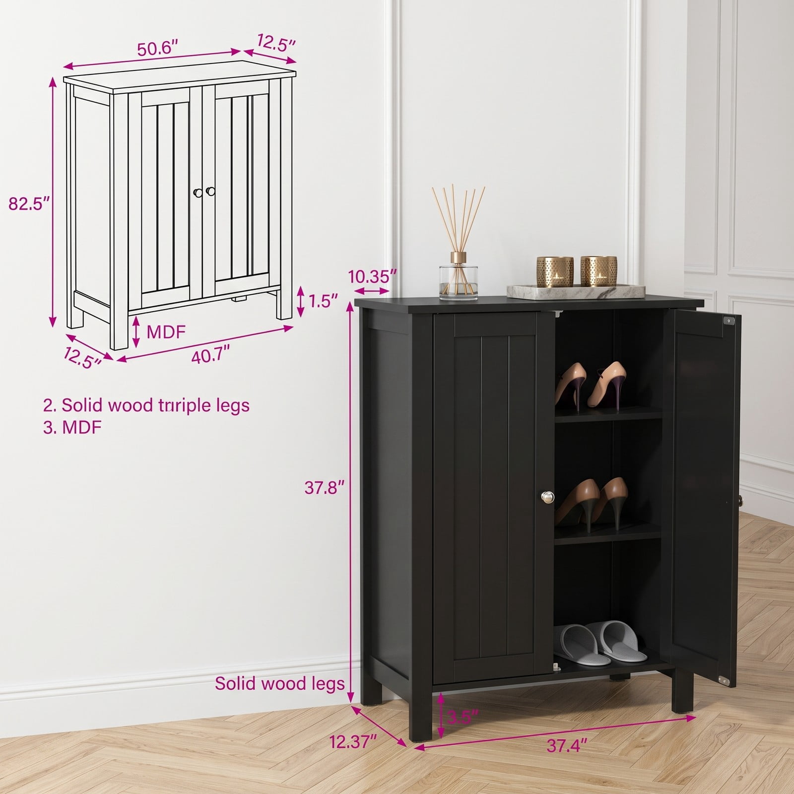 Fenbeli 2-Door Bathroom Floor Storage Cabinet, Freestanding Space-Saving Storage Organizer with Adjustable Shelves, Wooden Side Cabinet for Bathroom Laundry, Black