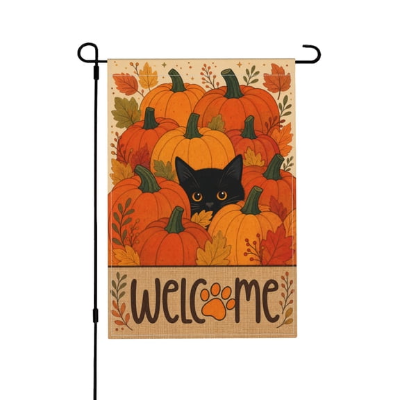 Garden Flag 12x18 Inch Black Cat Pumpkin Leaf Design Outdoor Decor Sign