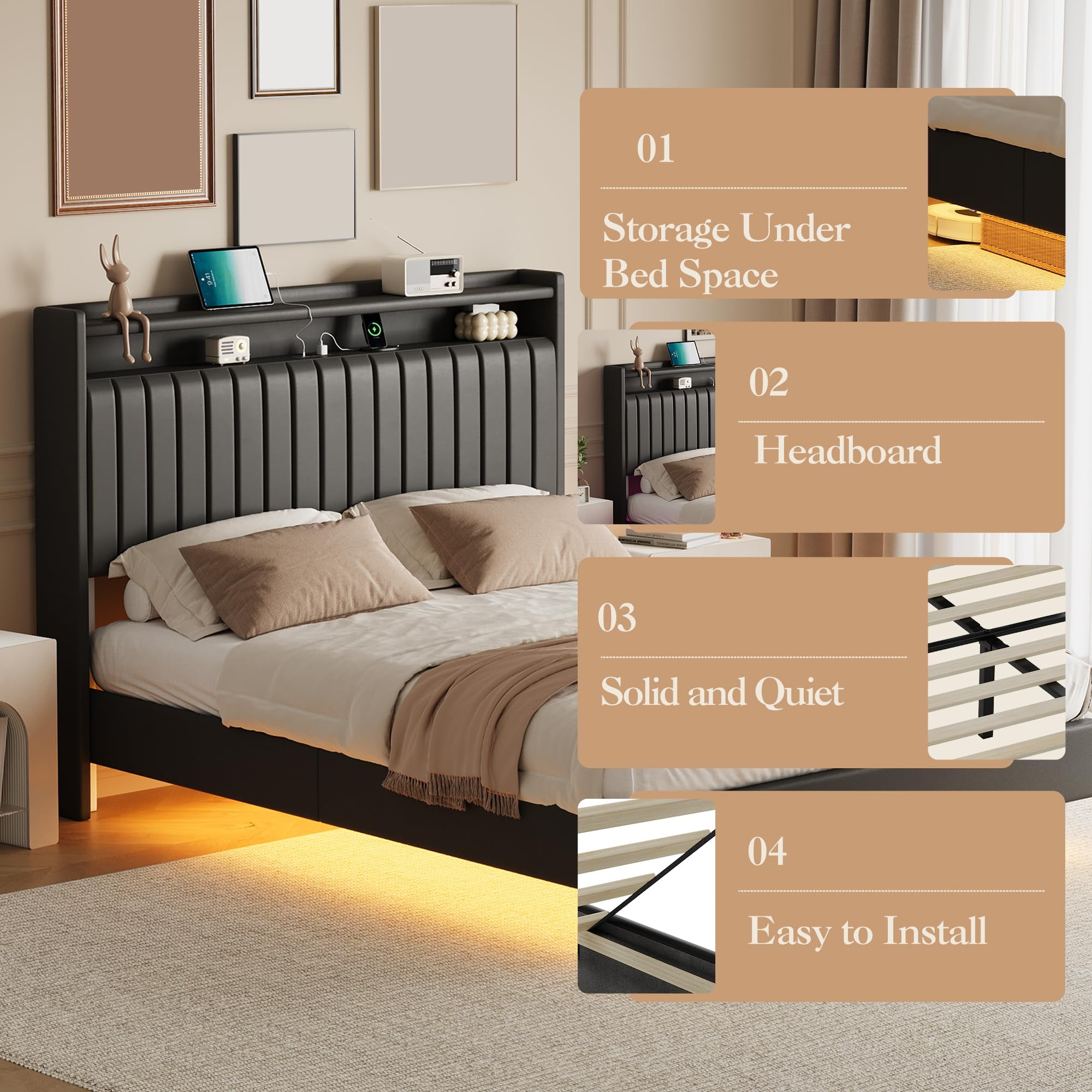 Towallmark Queen Size Floating Bed Frame with LED Lights & Charging Station,Upholstered Leather Platform Bed Frame with Headboard,50" Tall Floating Bed with Stable Structure,Black