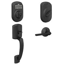 Schlage Plymouth Matte Black Electronic Keyless Deadbolt with Exterior Door Handleset and Latitude Door Lever with Greenwich Trim Rated AAA Security