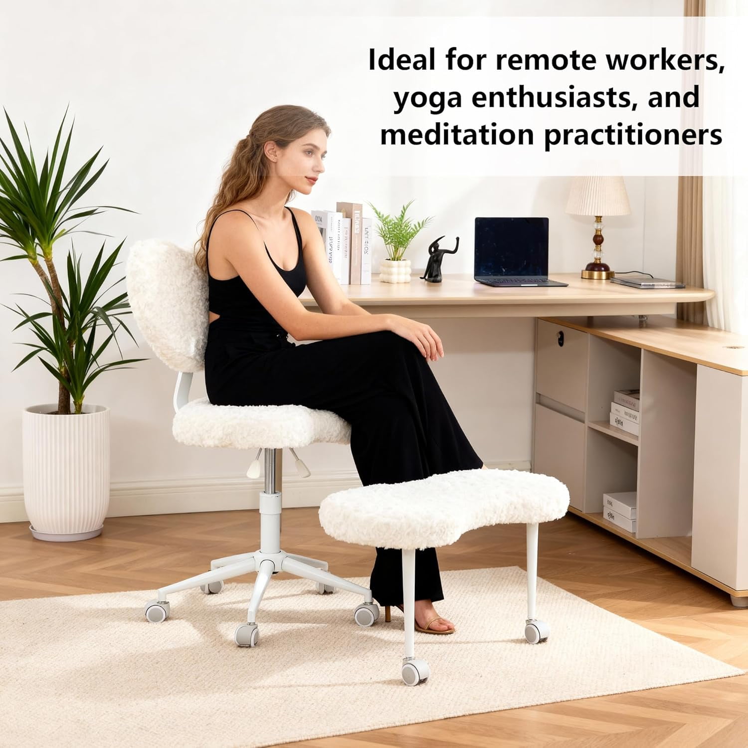 Villeston Cross Legged Office Chair, White Boucle Ergonomic Criss Cross Swivel Desk Chair, Heavy Duty 385 lbs Wide Seat for Meditation& ADHD, Armless