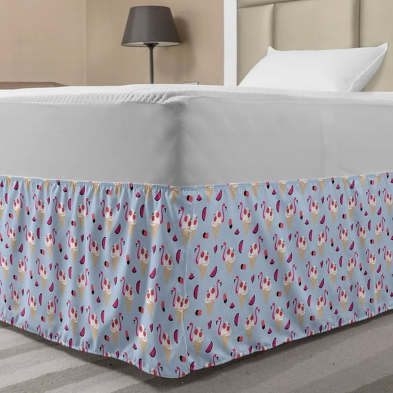 Summer Bed Skirt, Abstract Design with Cheery and Flamingo Topping Ice Cream and Watermelon Slices, Elastic Bedskirt Dust Ruffle Wrap Around for Bedding Decor, 4 Sizes, Multicolor, by Ambesonne