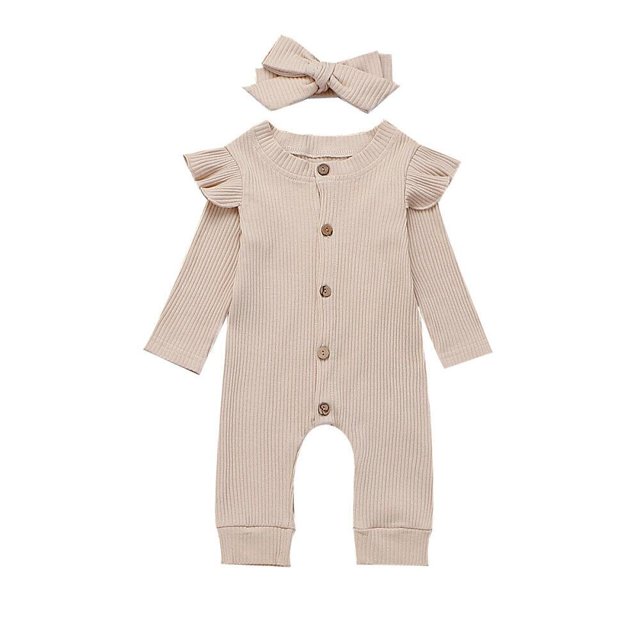 Baby Girl Ribbed Clothes Knitted Cotton Romper Jumpsuit Solid 2PCS Outfits