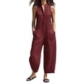 thumbnail image 3 of Women's Cotton Linen Jumpsuit, Sleeveless Stand Collar Loose Jumpsuit with Pockets, Casual Wide Leg Overalls, Summer Casual Jumpsuit and Work Jumpsuit for Women​-Wine, 3 of 5