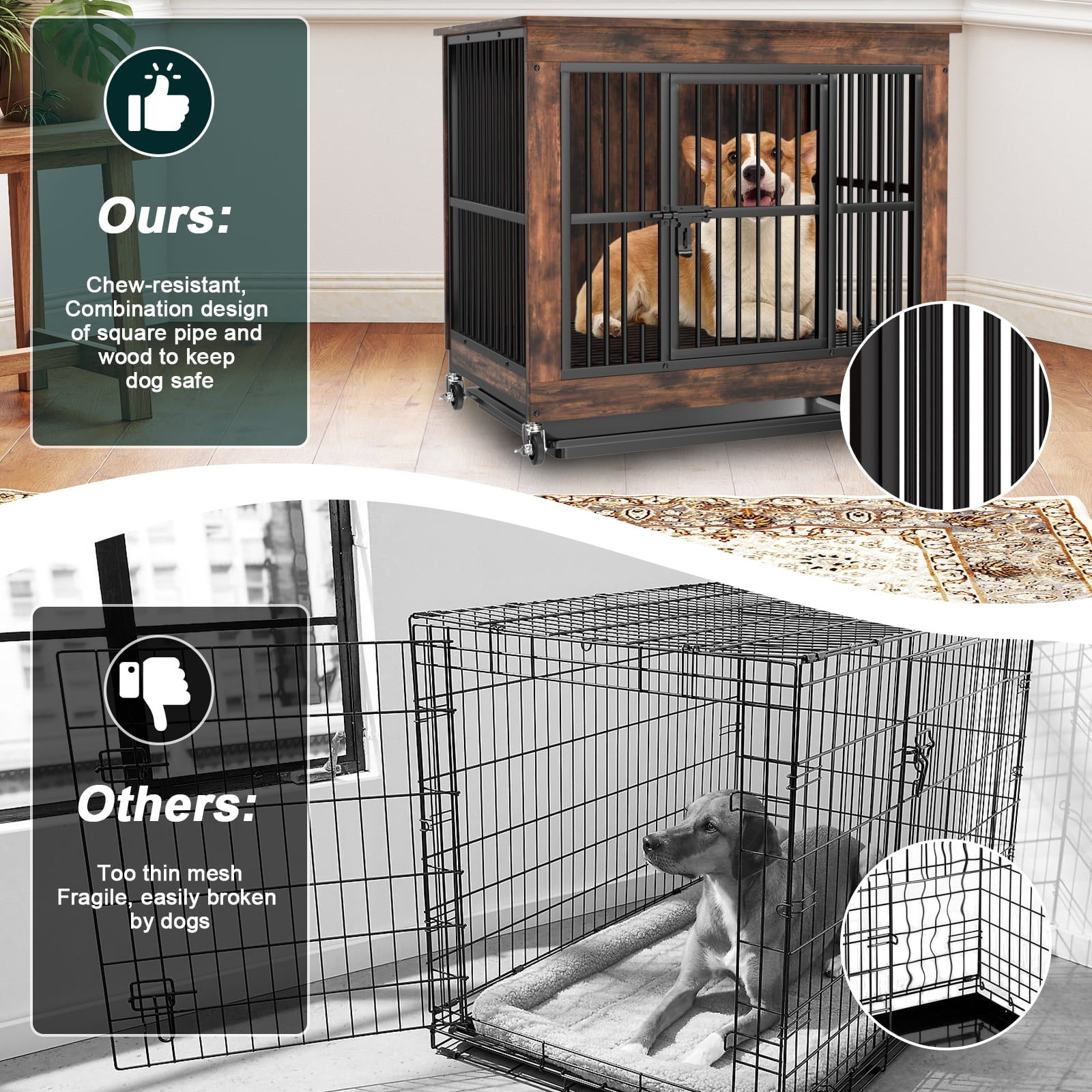 Jacgood 39 inch Dog Crate Furniture, Heavy Duty Dog Kennel End Table with Door & Removable Tray,Chew Proof 0.59" Tube Kennel Furniture with Lock,Rustic Brown