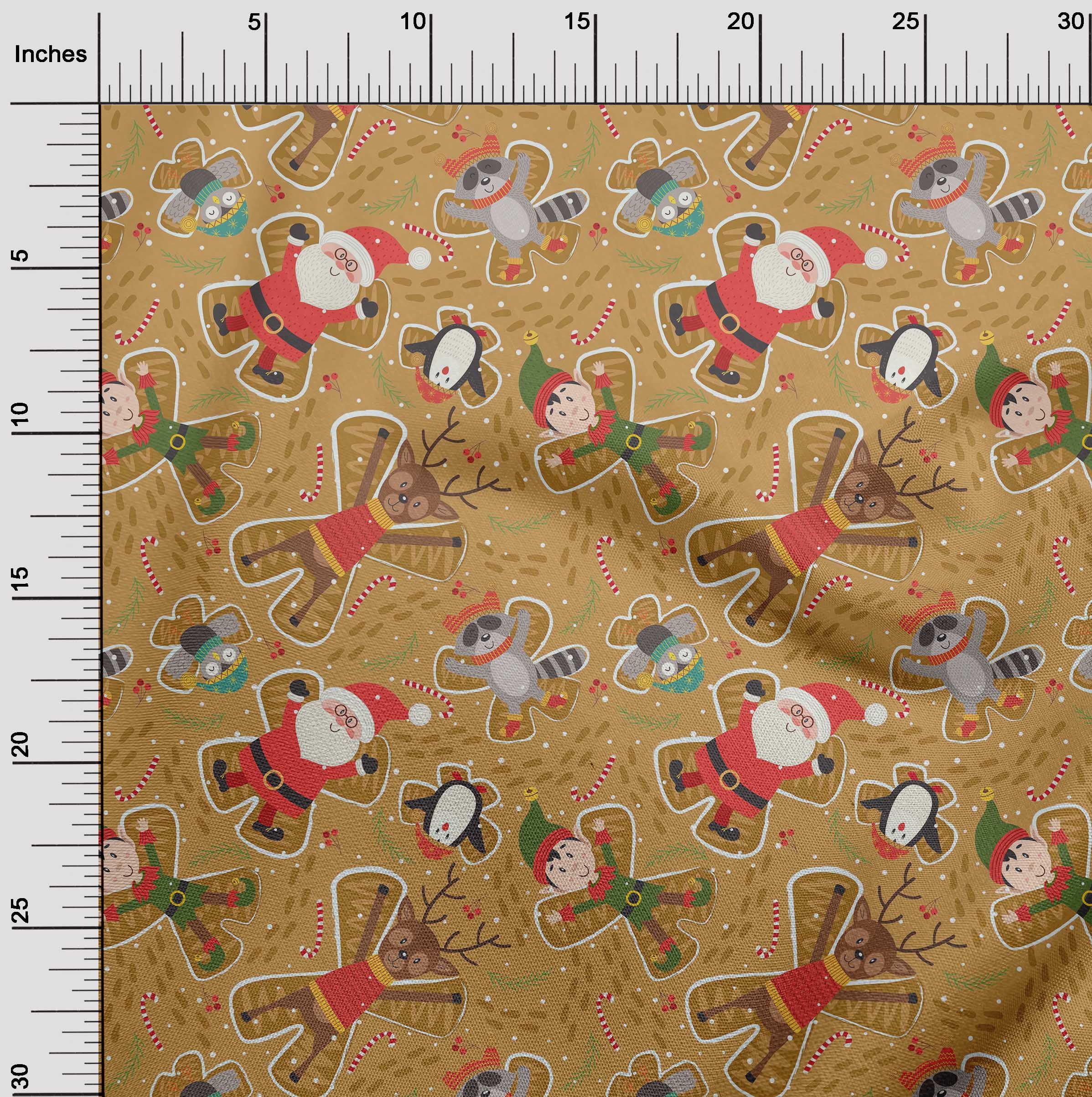 oneOone Cotton Jersey Light Brown Fabric Cartoon Animal|Candy Stick & Santa Christmas Dress Material Fabric Print Fabric By The Yard 58 Inch Wide