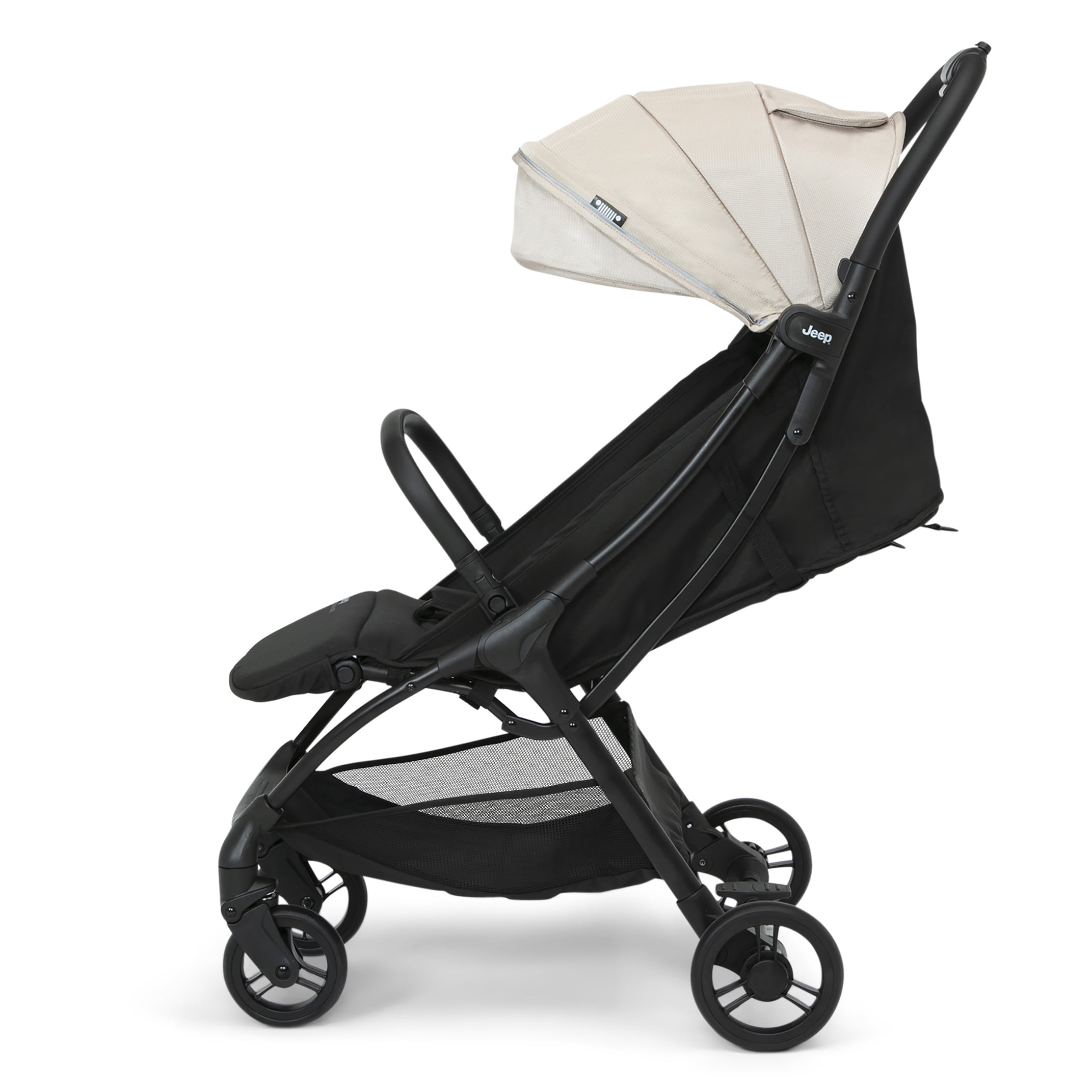 Jeep Altitude Compact Travel Stroller by Delta Children – Greenguard Gold Certified, Easy One Hand Fold, Lightweight, Extendable Canopy with Peek-a-Boo Window, 4 Wheel Suspension, Tan