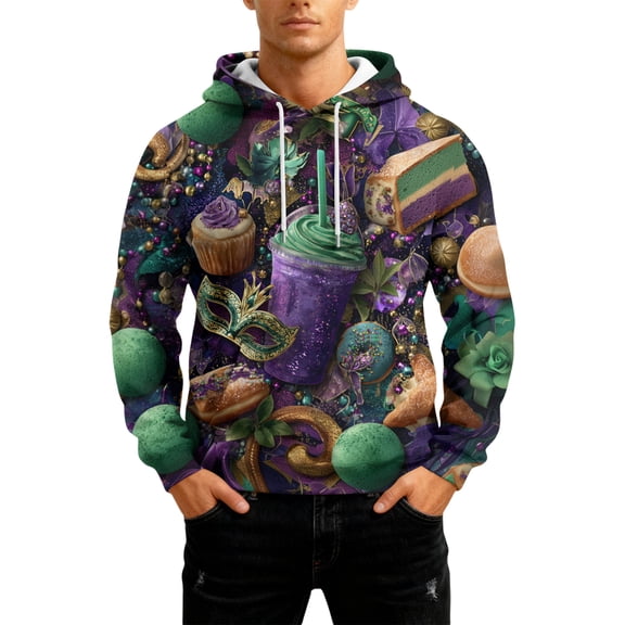 LNZGNM Mardi Gras Pullover Hoodie for Men Printed Big and Tall Sweatshirts with Pockets Long Sleeve Pullover Novelty Mardi Gras Tops,Dark Green 4XL