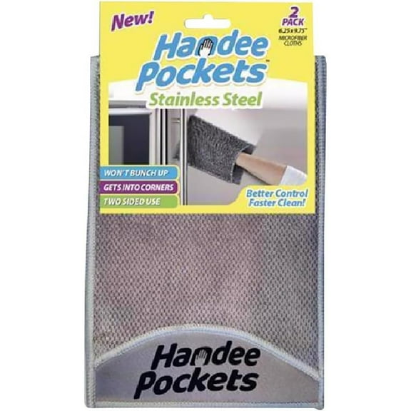 HANDEE POCKETS Stainless Steel Microfiber Cleaning Cloths with Built-In Pockets, 6.25 in. W x 9.75 in. L, 2 Pack - Ultra Absorbent, Reusable, Streak-Free for Stainless Steel