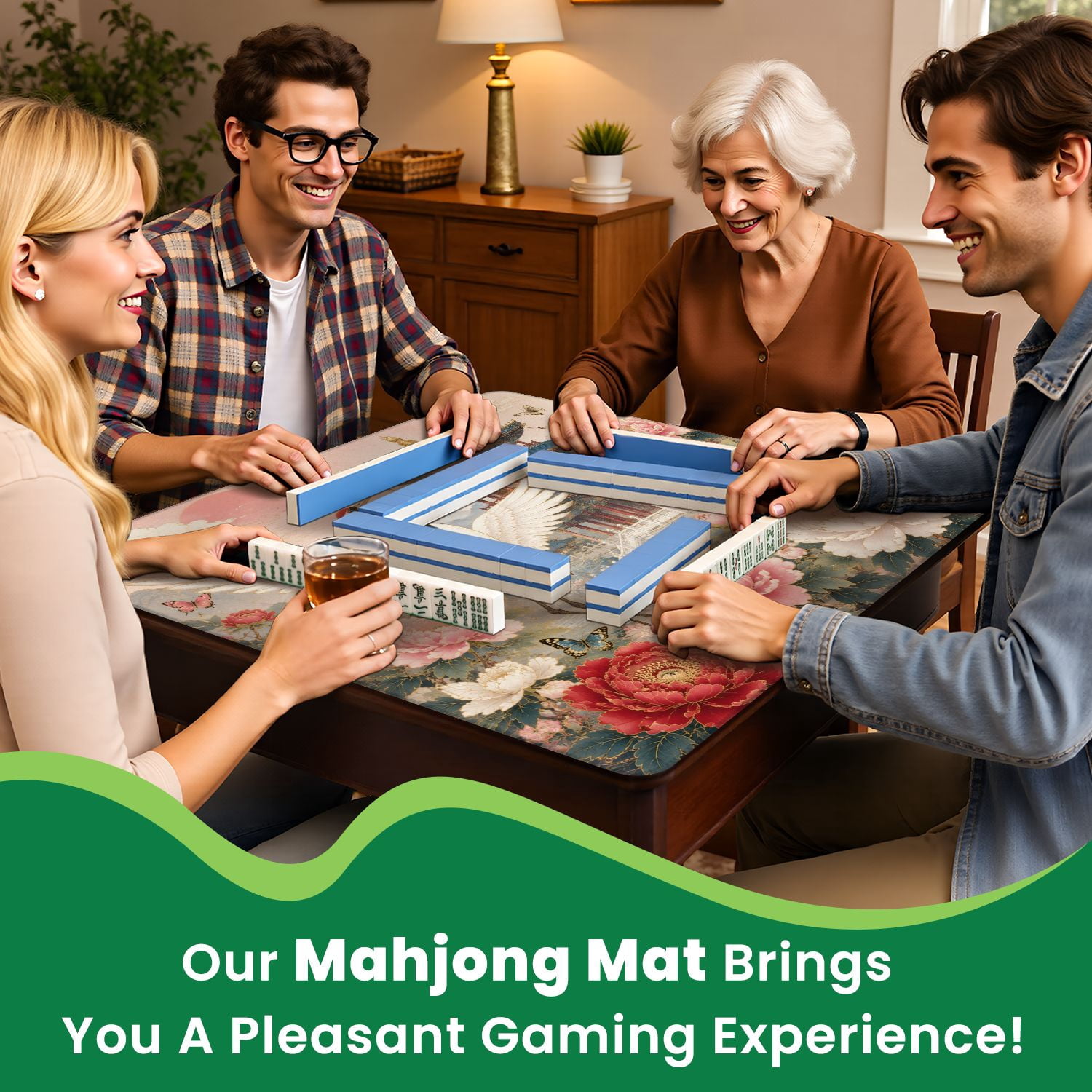 Mahjong Mat 31.5" x 31.5" Graceful Crane Blooming Peony Garden Traditional Pagoda Non-Slip Noise Reduction Chic Portable Gaming Table Cover for Family Game Night & Gift