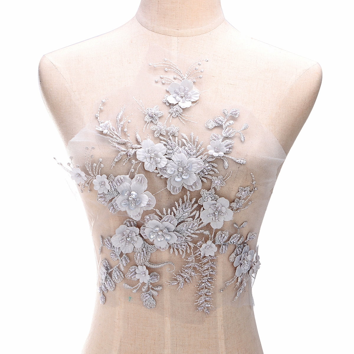3D Flower Pearls Beaded Embroidery Lace Applique for DIY Bridal Dress Sew Crafts