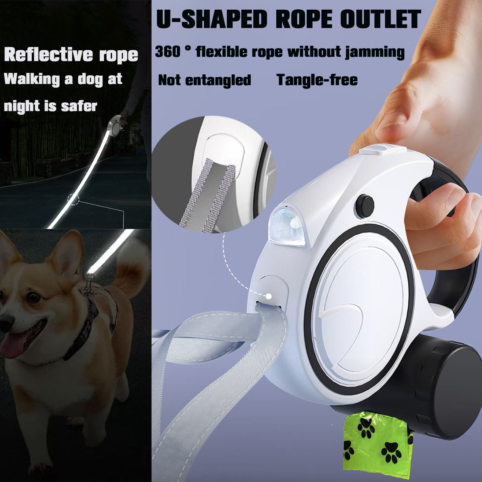 Retractable Dog Leash ,3-in-1 Dog Leash for Dogs With Flashlight，17-Foot Retractable Leash, Suitable for All Pets