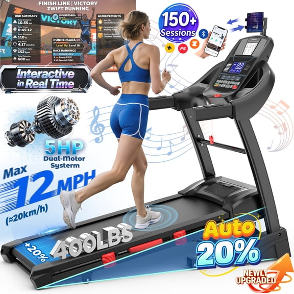 5HP Foldable Treadmill for Home w/ 15% Auto Incline, 400lbs Capacity, 10MPH Portable Treadmill, 64+7 Programs, Personalized Workout with APP,  Running Walking treadmill