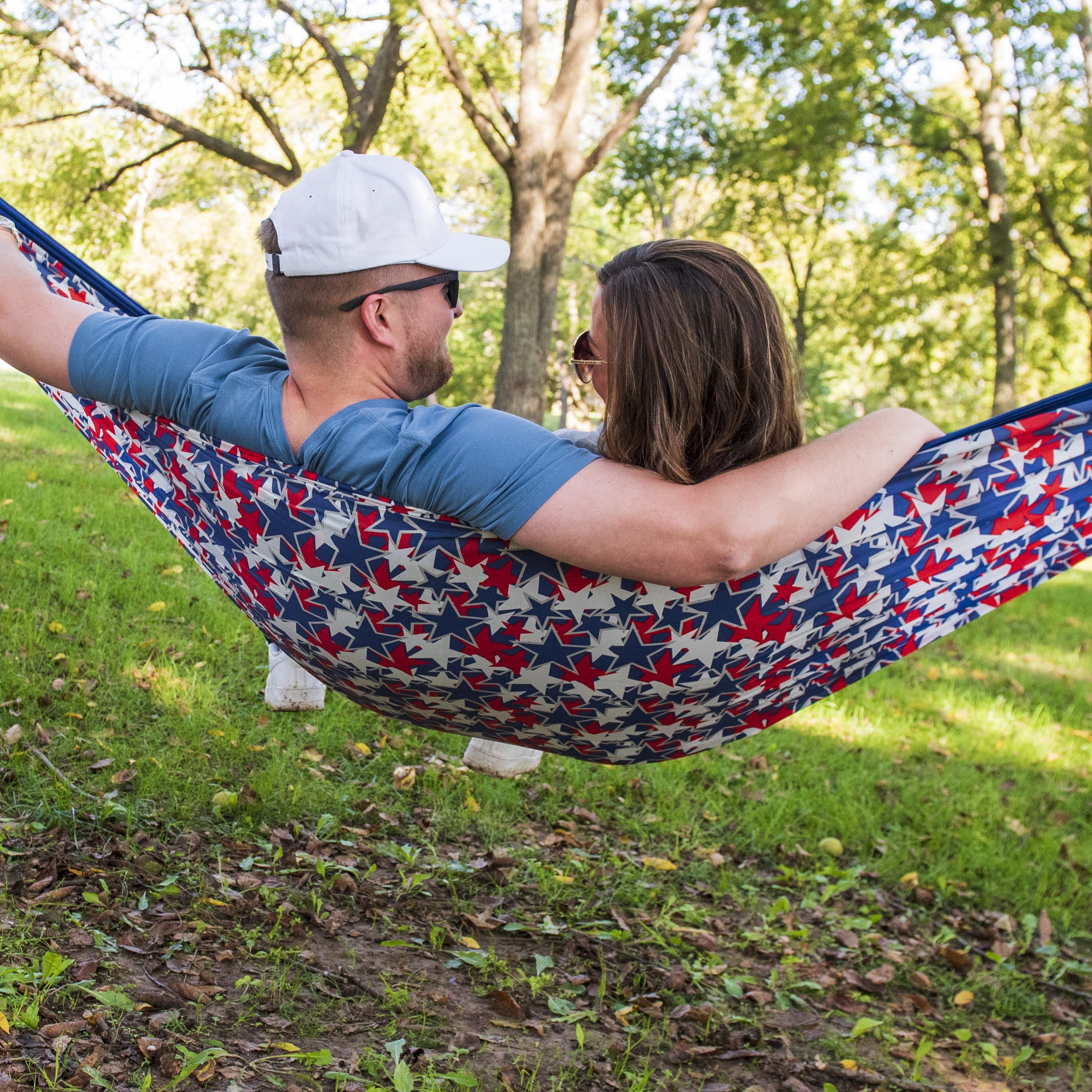 (2 pack) Equip Nylon Camping Travel Hammock, 2 Person, Americana Print With Navy Band, Size 124" L x 77" W