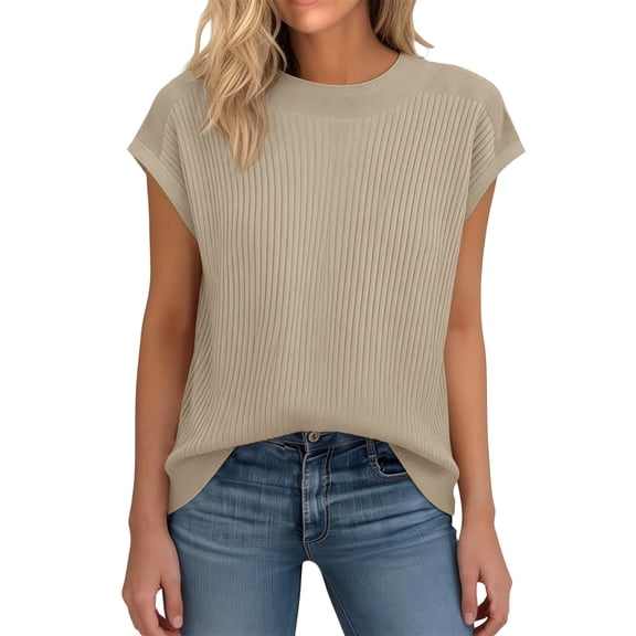 Lumtrix Women's Summer Short Sleeve Sweater Vest Ribbed Knit Crew Neck Loose Pullover Tank Tops 2026 Trendy Spring Cute Clothing Khaki 2XL