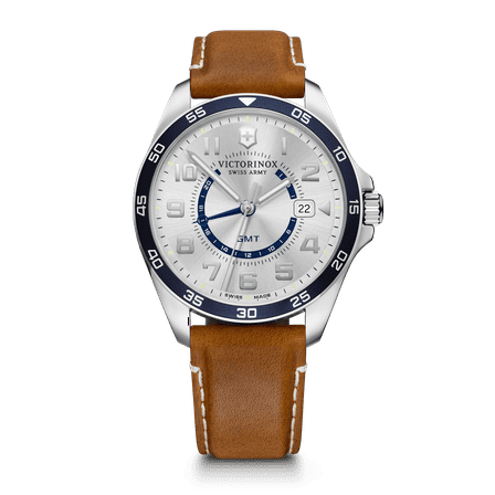 Victorinox Swiss Army Fieldforce GMT Classic Quartz Silver Dial Brown Leather Strap Men's Watch 241931
