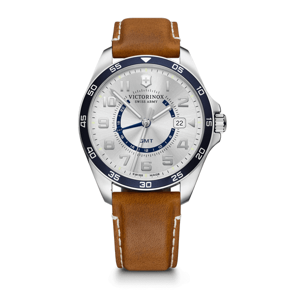 Victorinox Swiss Army Fieldforce GMT Classic Quartz Silver Dial Brown Leather Strap Men's Watch 241931