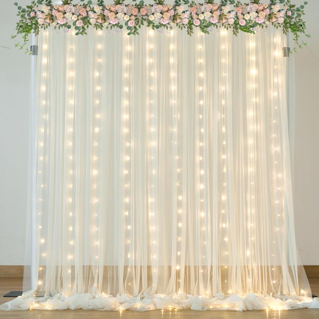 Cortinas de fondo Suppromo, color marfil transparente con luces, 3 x 2,5 m