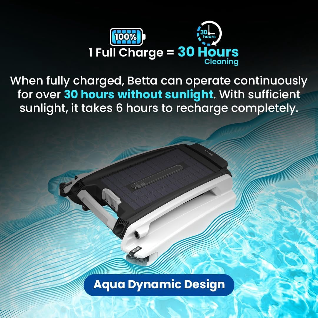 Betta Smart Solar-Powered Automatic Robotic Pool Surface Skimmer with 30-Hour Battery Life and Re-Engineered Twin Salt Chlorine Tolerant Motors (White))