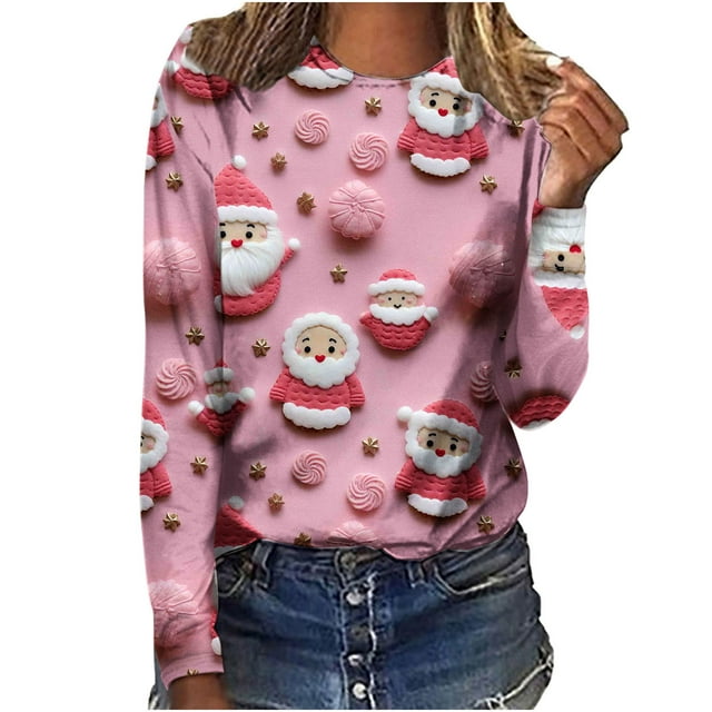 Birdeem Women's Christmas Print Pullover Round Neck Long Sleeve Top