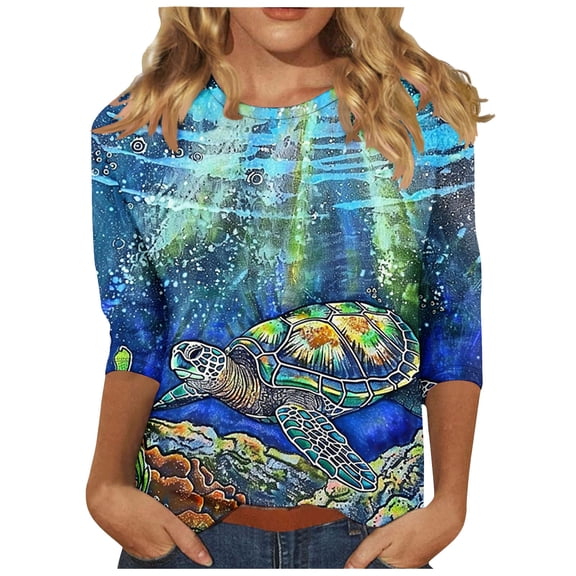 LYXSSBYX 3/4 Length Sleeve Womens Tops Women's Casual 3/4 Sleeved Round Neck Print Top Long Sleeved Round Neck Top/shirt