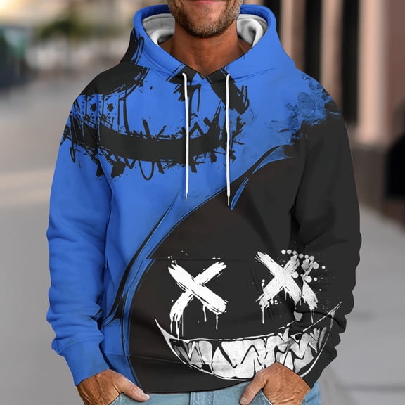 LEBONYARD Mens Shirts,Men's Hooded Down Shoulder Sleeve Face Print Loose Hoodie Printed Long Sleeve Top Hoodie Multicolor M